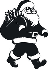 Small cute black silhouette of cartoon Santa Claus with a gift bag, walking, side view