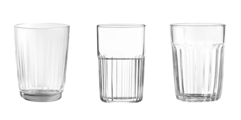 Three distinct glass tumblers showcasing transparency and elegance.