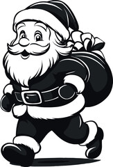 Small cute black silhouette of cartoon Santa Claus with a gift bag, walking, side view