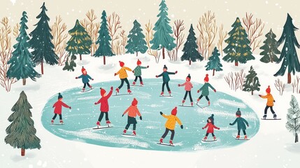 Retro-style illustration of children ice skating on a frozen lake surrounded by pine trees