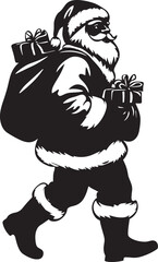 Small cute black silhouette of cartoon Santa Claus with a gift bag, walking, side view