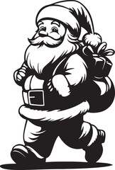 Small cute black silhouette of cartoon Santa Claus with a gift bag, walking, side view