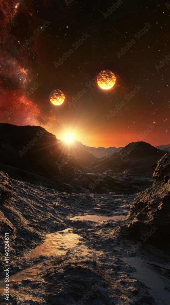 Poster cosmic landscape with two planets illuminated by a distant star at sunset