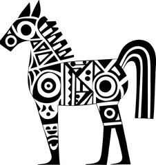 Horse inspired by traditional Mexican tribal graphics, black and white, bold contrasts