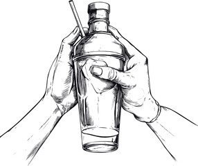 Isolated hands holding a cocktail shaker, in line art style