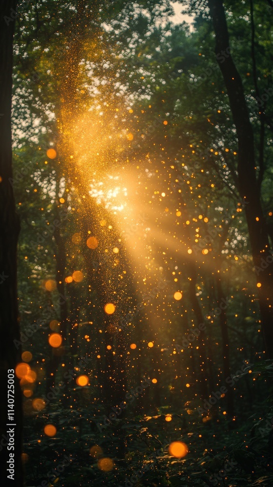 Poster Sunlight filters through trees, creating a magical atmosphere with floating particles.