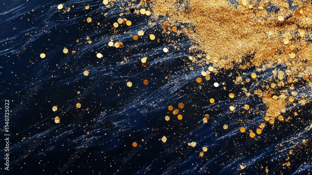 Poster shimmering golden confetti dances across a dark navy surface, creating a captivating contrast of col