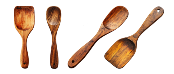 Four rustic wooden cooking utensils with varying shapes for diverse uses.
