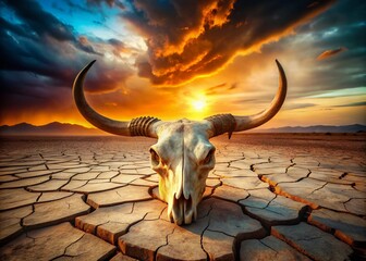 Surreal Bull Skull Photography: Grounded Horns, Mystical Desert Landscape