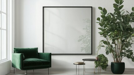 Fototapeta premium Modern Minimalist Living Room Interior Design with Green Velvet Armchair and Large Framed Print