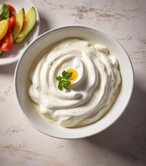 A bowl of creamy mayonnaise with a dollop of sour cream and yogurt on top , yogurt, dip