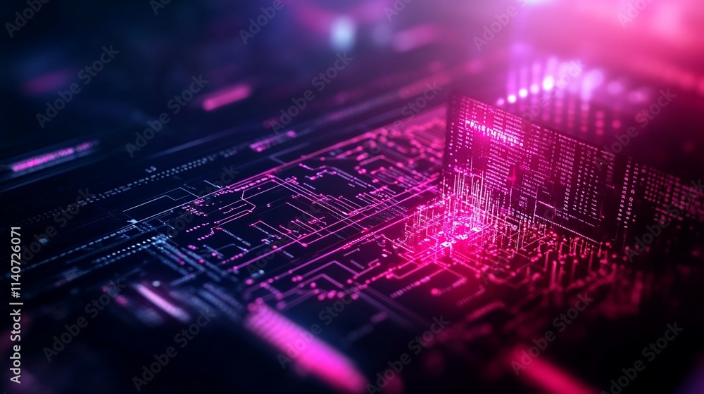 Poster abstract digital circuit board glowing with pink and blue light, showing data flow and processing.