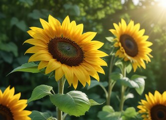 Obraz premium A bright sunflower in full bloom against a lush green background with a few leaves and stems, farm, agriculture