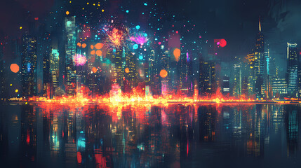 Obraz premium A vibrant city skyline explodes with colorful fireworks over a dark, reflective body of water. Reflective. Illustration