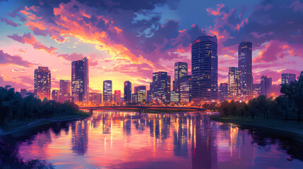 Fototapeta premium A vibrant cityscape at sunset, showcasing reflective buildings and a shimmering river, embodying urban beauty and tranquility. Reflective. Illustration