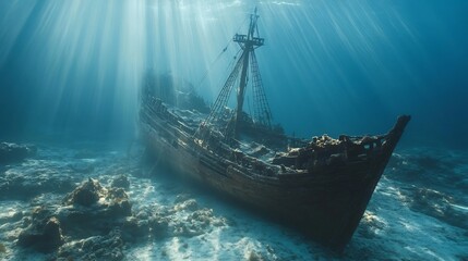 Fototapeta premium Sunken Pirate Ship Resting on the Seafloor Beneath the Shimmering Sunlight