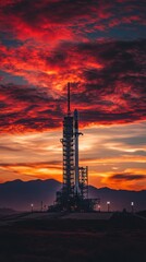 Rocket poised for launch against a vibrant sunset backdrop illuminating the sky