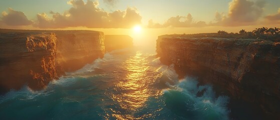 A breathtaking sunset over rocky cliffs, with waves crashing into the shoreline, casting a warm golden glow across the water. A serene and picturesque coastal landscape.