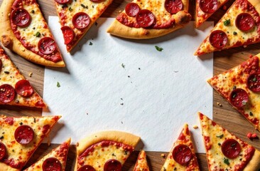frame for text made from slices of pizza, white piece of paper on wood table background