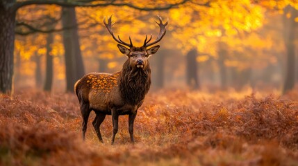 A majestic stag stands in a vibrant autumn forest.