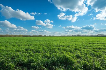 Vibrant green field under a sunny blue sky with fluffy white clouds.