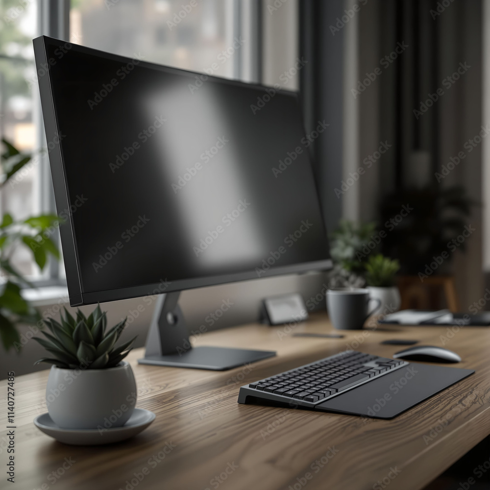 Poster A black monitor is placed on a desk with a black keyboard and mouse. The background features a window and several potted plants.