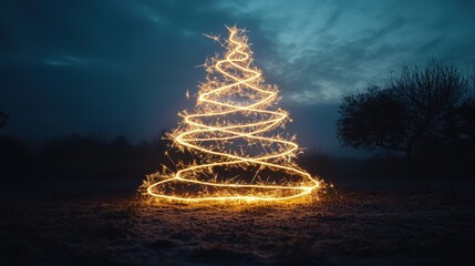 Light trails of sparklers forming the shape of a glowing Christmas tree against a dark background