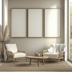 A white room with three empty picture frames on the wall