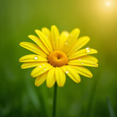 Obraz premium Bright Yellow Daisy with Dewdrops Against a Soft Green Background