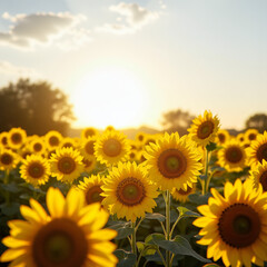 Obraz premium Golden Sunflower Field at Sunset with Warm Sunlight
