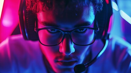 Focused male gamer with curly hair, glasses, and headset, illuminated by vibrant blue and pink lights, showcasing concentration.