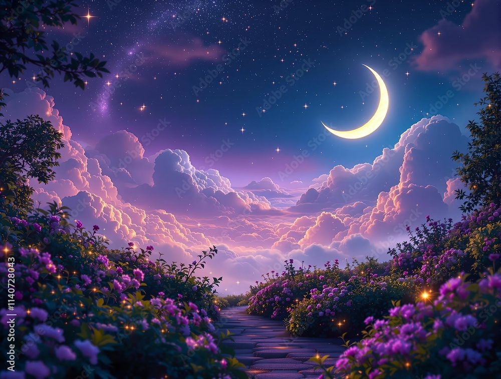 Poster serene night scene with a crescent moon in the sky, surrounded by stars and fluffy clouds. the foreg