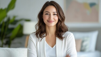 Confident young woman with long hair smiling warmly in a cozy living room setting with natural light