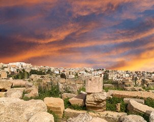 Roman ruins (against the background of a beautiful sky with clouds) in the Jordanian city of Jerash (Gerasa of Antiquity), capital and largest city of Jerash Governorate, Jordan