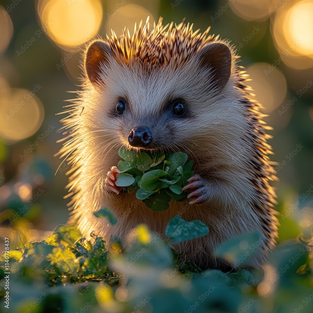 Poster a cute hedgehog holding clover in a natural setting with soft bokeh background.