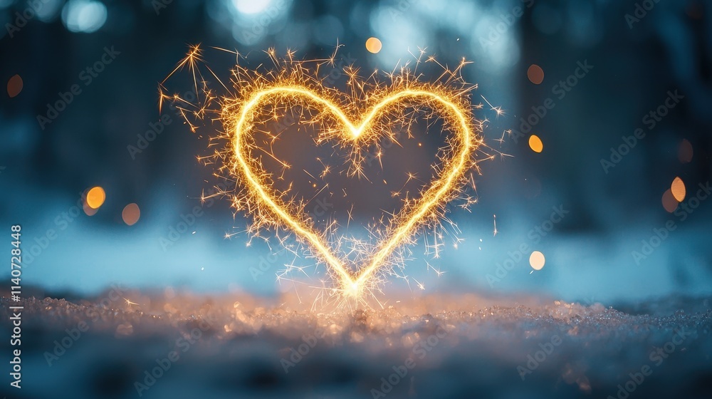 Wall mural golden sparkler trails creating a heart shape against a softly blurred snowy background