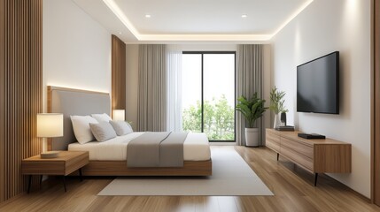 Modern minimalist bedroom design with elegant furnishings, large windows, and natural light enhancing comfort