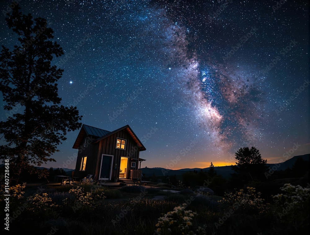 Poster small house under a starry night sky with the milky way visible in the background. the house has a l