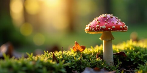 A single mushroom cap opening in the morning light, forest life, forest floor