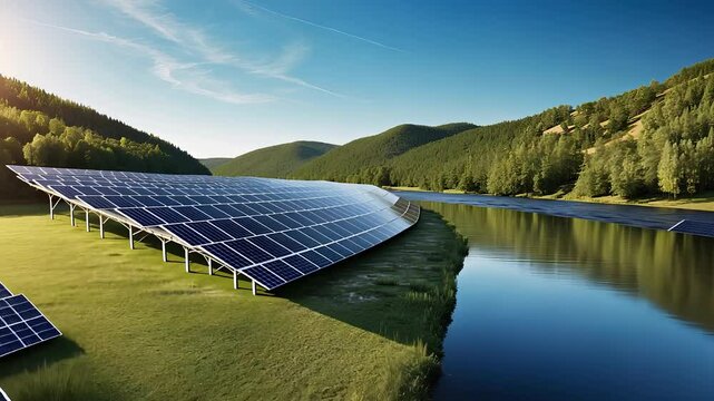 Solar Panels in a Scenic Landscape by a River Surrounded by Green Hills and Clear Blue Sky

