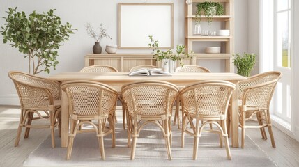 Elegant Rattan Dining Set in a Bright, Minimalist Room