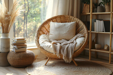 Comfortable and cozy reading nook in a modern boho living room with rattan chair filled with natural light.