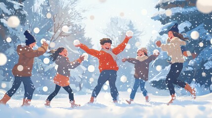 Obraz premium A family having fun in a snowball fight surrounded by softly falling snowflakes