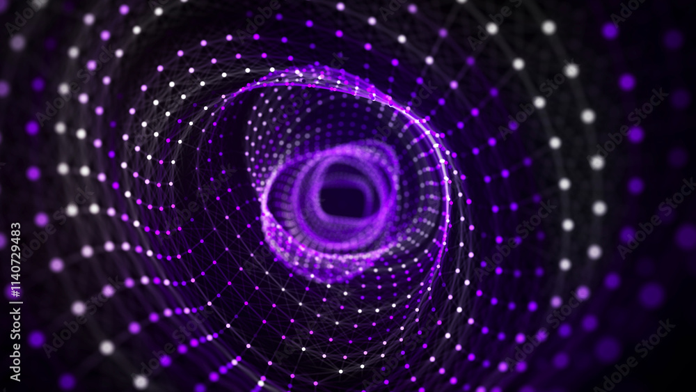 Poster Abstract circle speed tunnel with blue light on black background. Science background with dots and lines moving in a spiral. Wormhole technology. Digital structure with particles. 3d rendering.