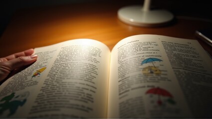A close-up of an open textbook with colorful charts and diagrams, resting on a wooden desk under warm desk lamp light, evoking focus, study, and learning. Generative, AI,