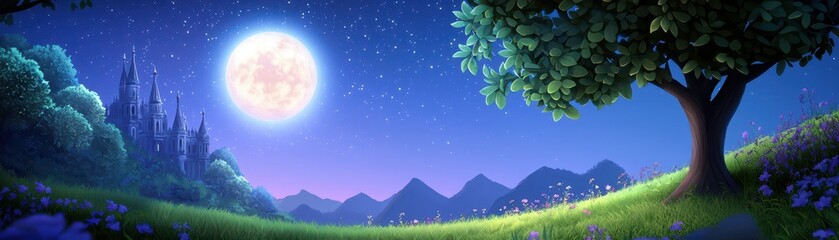 Obraz premium A serene night landscape featuring a bright moon, twinkling stars, rolling hills, and a solitary tree under a starry sky.