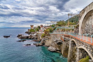 Naklejka premium Rocky coast of the Ligurian Sea, Genoa, Italy