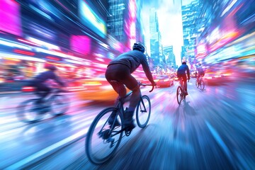 Cyclists Weaving Through a Vibrant Futuristic City Landscape with Neon Lit Storefronts and Towering Skyscrapers