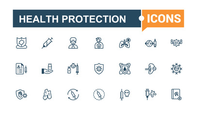 Health Protection icon pack. Contains such icons as treatment, protection, infection, health, immunity, prevention, defense, shield. Minimalistic icons. Solid line editable stroke.