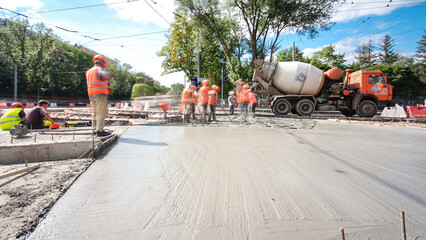 Road construction site with tram tracks repair and maintenance timelapse hyperlapse.